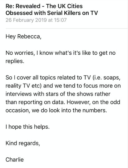 Outreach email reply from Journalist