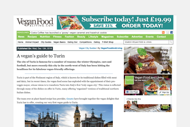 screenshot of vegan food news article