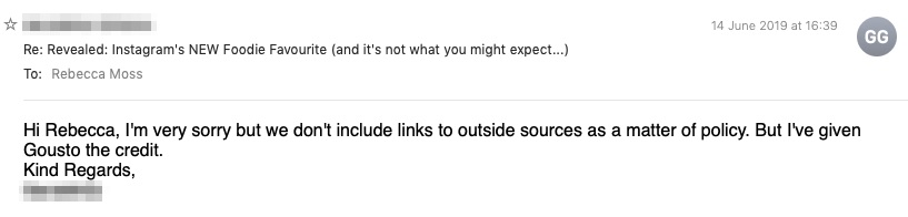screeshot of email to customer