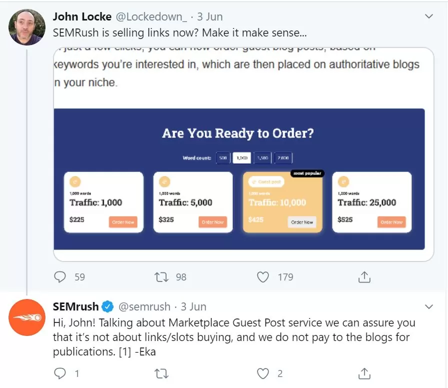 Screenshot of a Tweet by John Locke on 3rd June about SEMrush guest posting services.