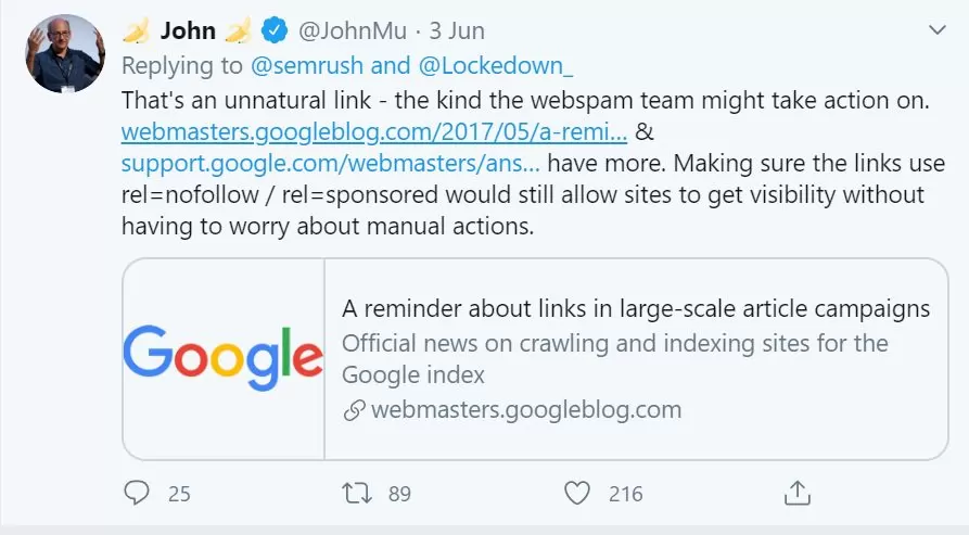 Tweet by John Muller about SEMrush guest posting on 3rd June