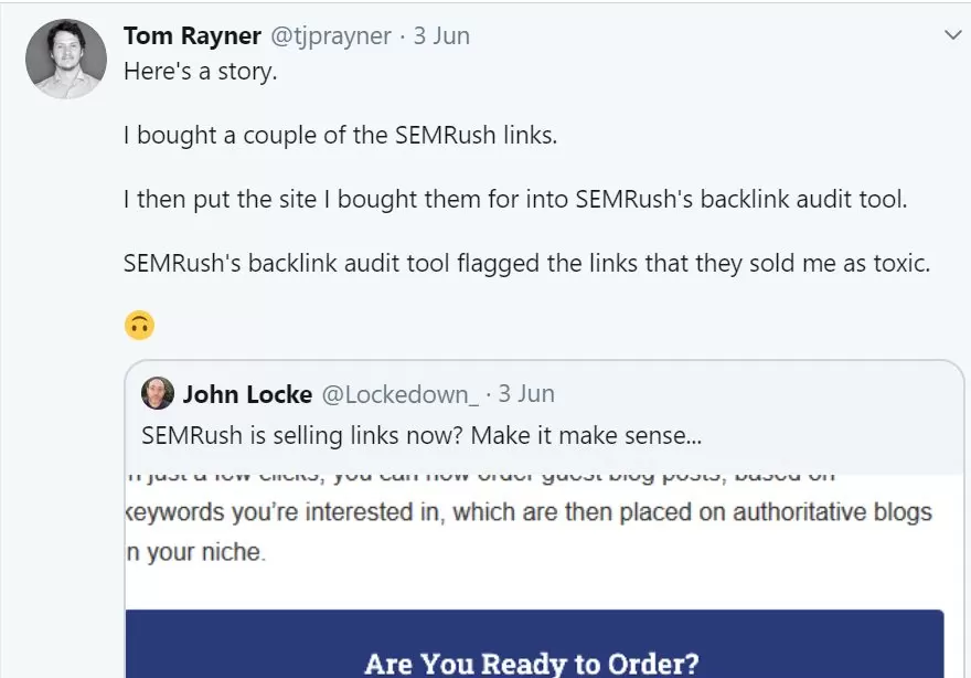 Tweet by John Rayner about SEMrush guest posting on 3rd June