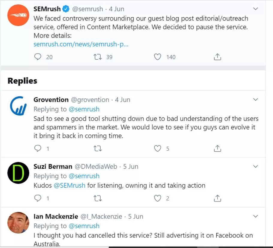 Tweet by SEMrush about shutting down their guest posting service 