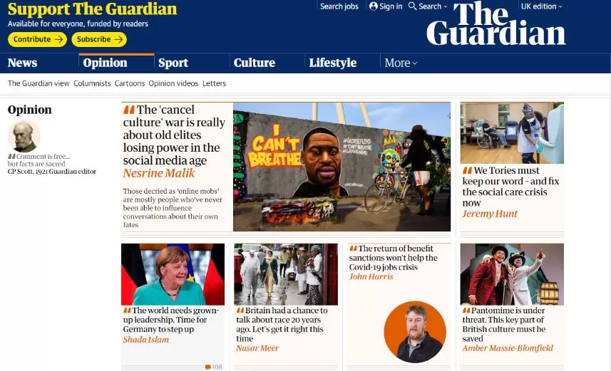 Screenshot of the Opinion section in The Guardian on 13/07/2020