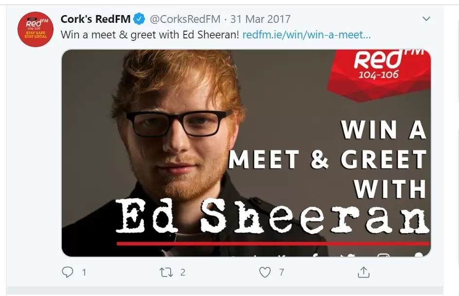 Screenshot of a meet and greet to win on Twitter https://twitter.com/corksredfm/status/847901325039894530