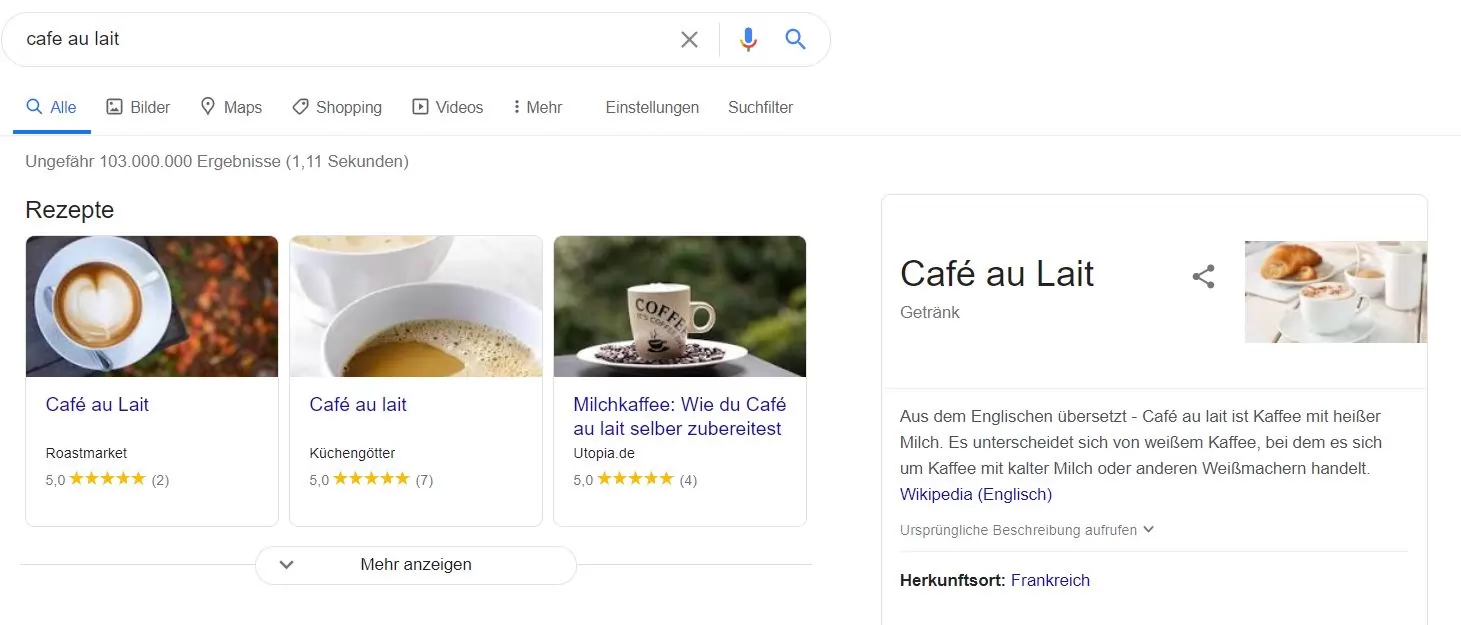 Screenshot: SERPs for Cafe au Lait in Germany