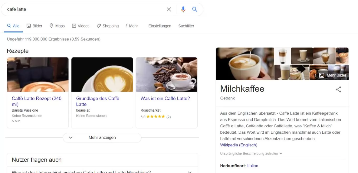Screenshot: SERPs for Cafe Latte in Germany