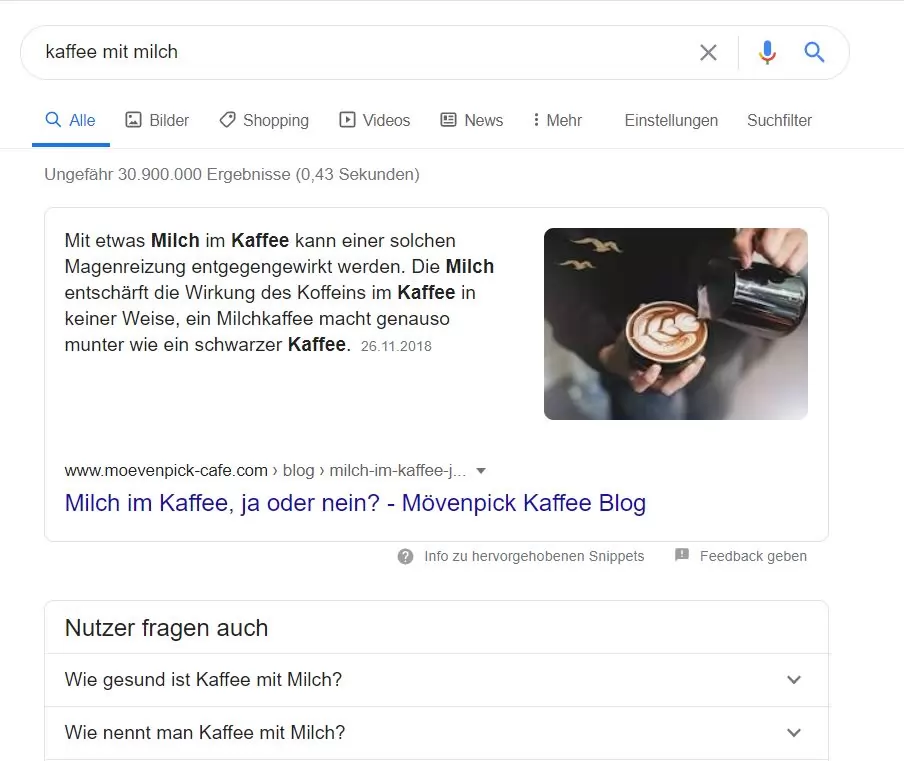 Screenshot: SERPs in Germany for Kaffee mit Milch