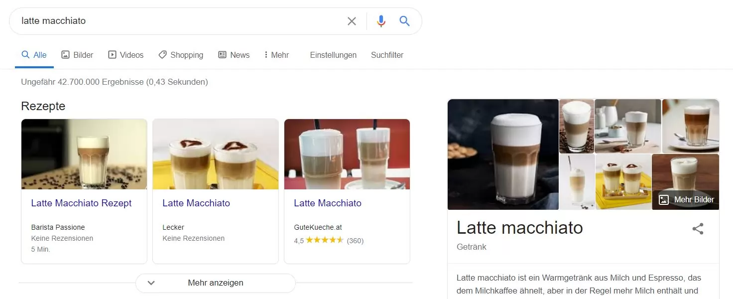 Screenshot: SERPs for Latte Macchiato in Germany