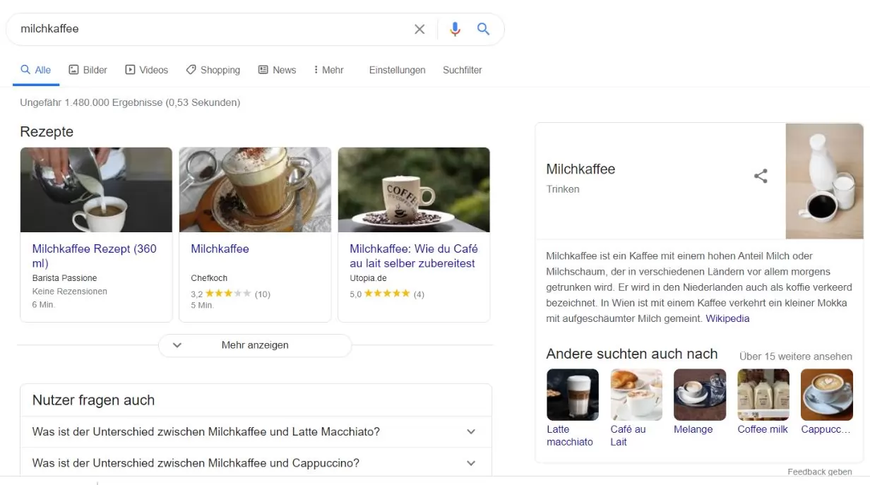 Screenshot: SERPs for Milchkaffee in Germany