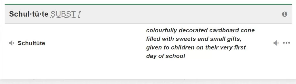 Screenshot of a dictionary for the term Schultuete