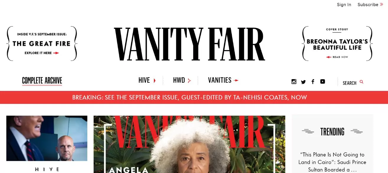 Screenshot taken on https://www.vanityfair.com/ on 26/08/2020