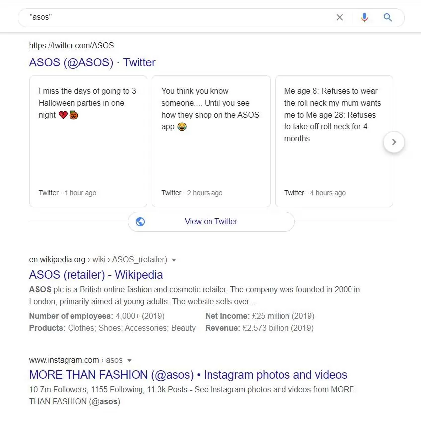 Screenshot from Google for the search term "Asos"