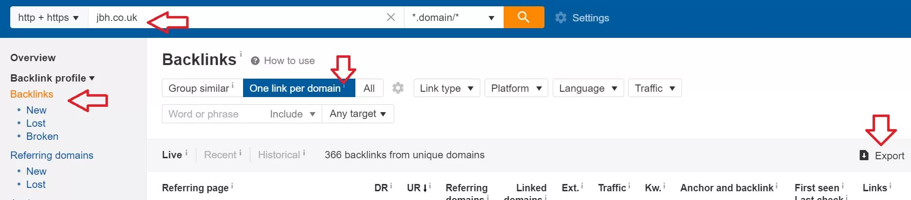 Ahrefs screenshot: how to export backlinks