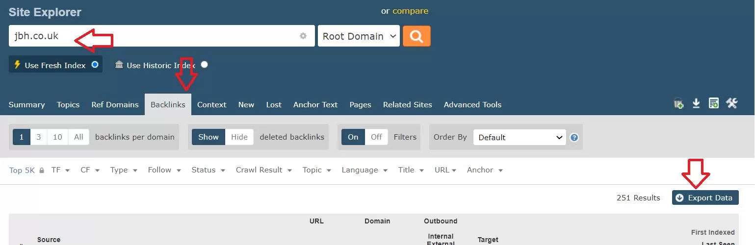 Majestic screenshot: How to export backlinks