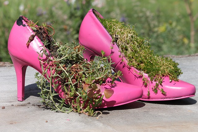 Pink high heels with grass growing in them. Image by <a href="https://pixabay.com/users/manfredrichter-4055600/