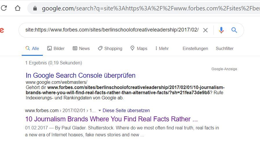 Screenshot of a site search performed in Google.
