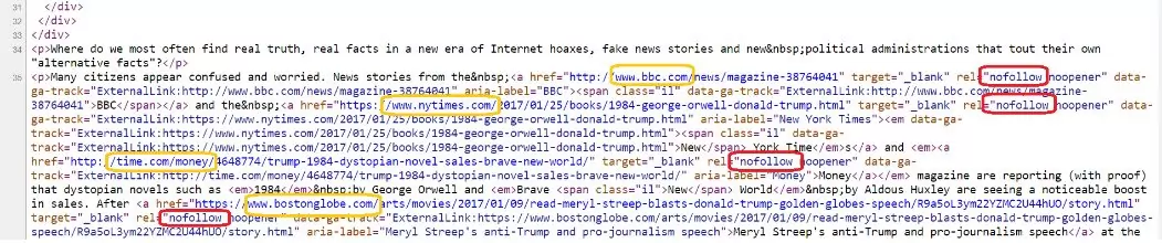 Code snippet that shows nofollow links.