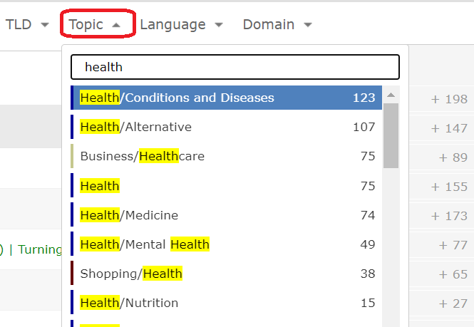 Screenshot from Majestic showing how to sort referring domains by topic.