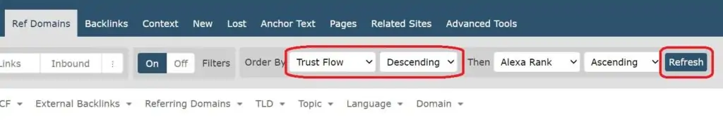 Screenshot from Majestic showing how to sort referring domains by trust flow