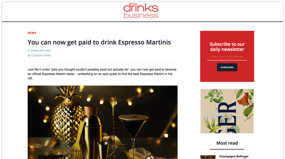 screenshot of a The Drinks Business article about the campaign